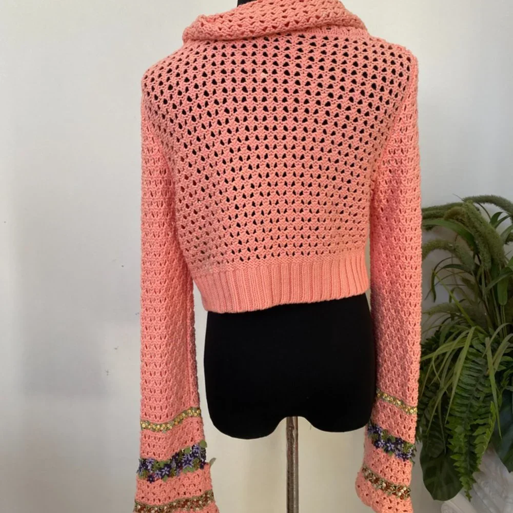 Free People‎ Knit Embroidery Peach Floral Boho Button Short Sweater Top Size L